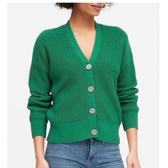Banana Republic Hula Green VNeck Slouchy Confett 4 Button Thick Knit Cardigan XS - Picture 1 of 7